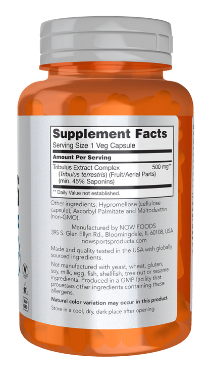 NOW Sports Tribulus 500 mg supplement bottle with 100 veg capsules