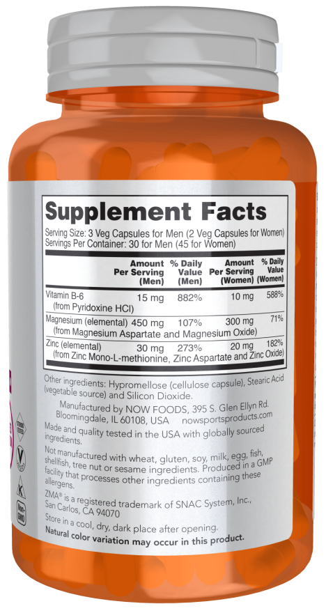 NOW Sports ZMA supplement with zinc, magnesium, and vitamin B-6