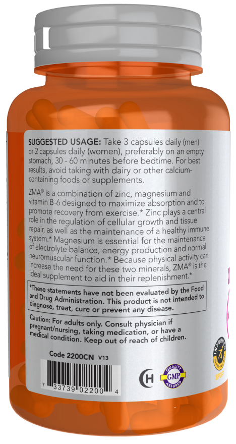 NOW Sports ZMA sports recovery supplement bottle with 180 veg capsules
