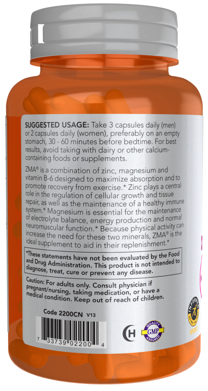 NOW Sports ZMA sports recovery supplement bottle with 180 veg capsules