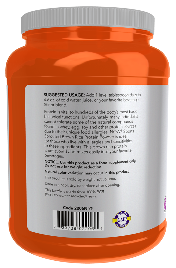 NOW Sports Sprouted Brown Rice Protein Powder unflavored plant-based protein supplement