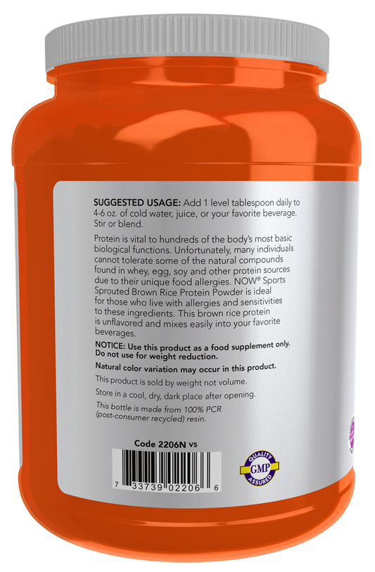 NOW Sports Sprouted Brown Rice Protein Powder unflavored plant-based protein supplement