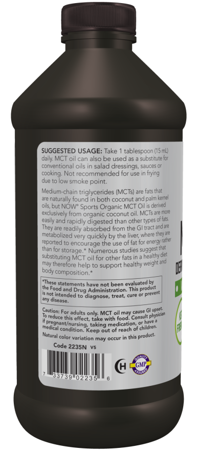 NOW Sports Organic MCT Oil keto-friendly supplement in black bottle