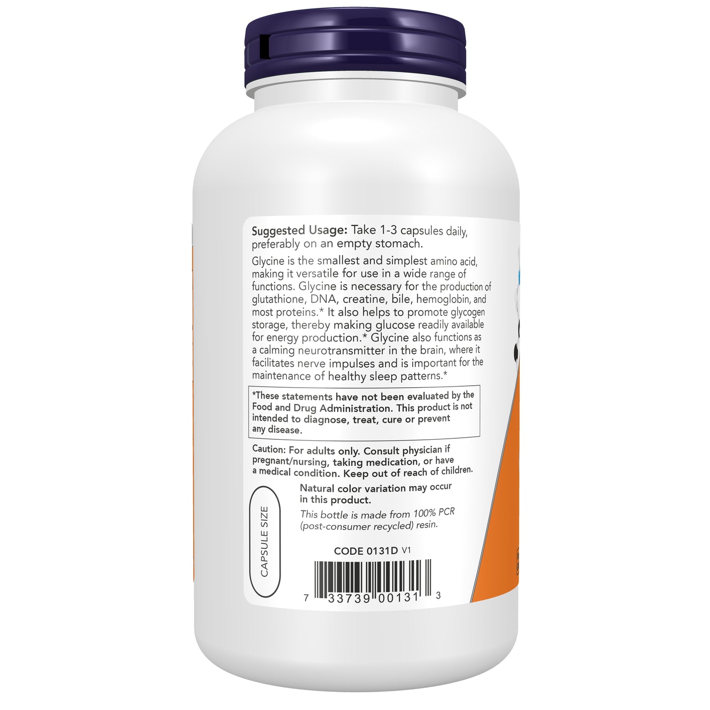 NOW Glycine supplement bottle with pharmaceutical grade free-form formula