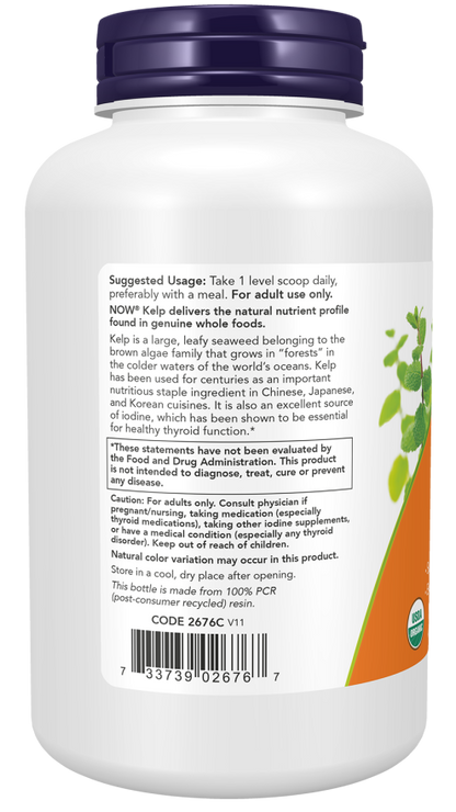 NOW Organic Kelp Pure Powder dietary supplement bottle, 8 oz