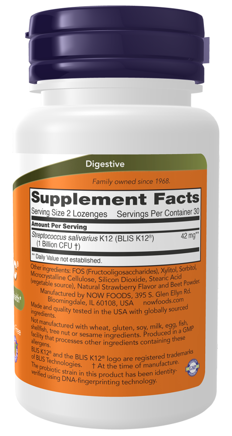 NOW OralBiotic dietary supplement bottle with 60 lozenges