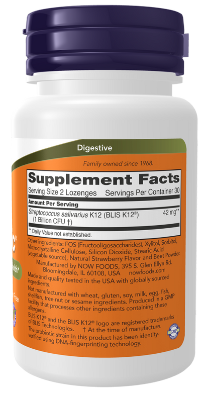 NOW OralBiotic dietary supplement bottle with 60 lozenges