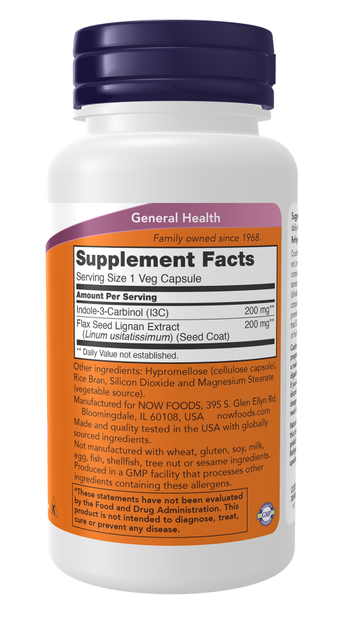 NOW Indole-3-Carbinol I3C 200 mg dietary supplement bottle with 60 veg capsules