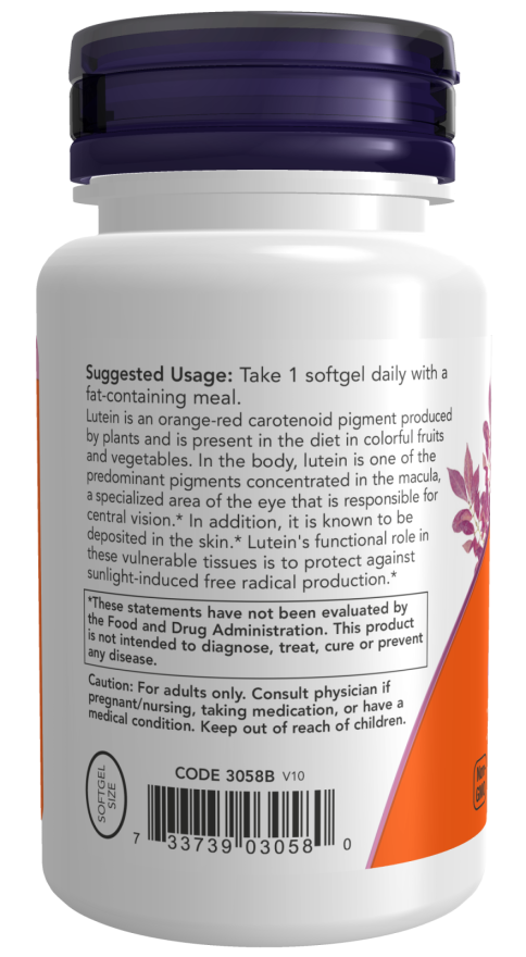 NOW Lutein 10 mg dietary supplement bottle with 60 softgels