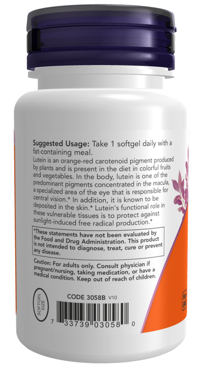 NOW Lutein 10 mg dietary supplement bottle with 60 softgels