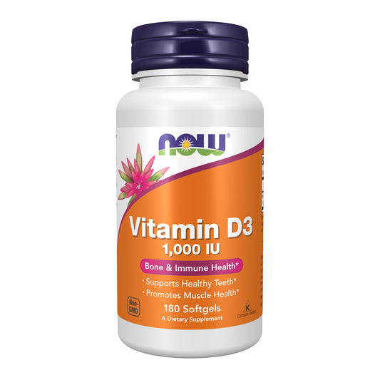 NOW Foods Vitamin D3 1000 IU softgels bottle, 180 softgels
