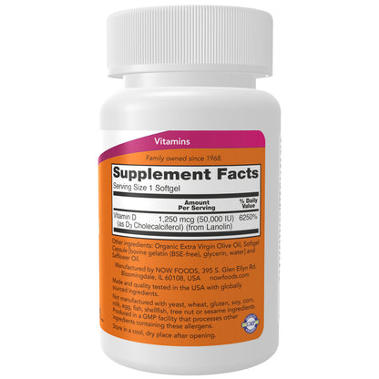 NOW Vitamin D3 50,000 IU softgels for bone and immune health support