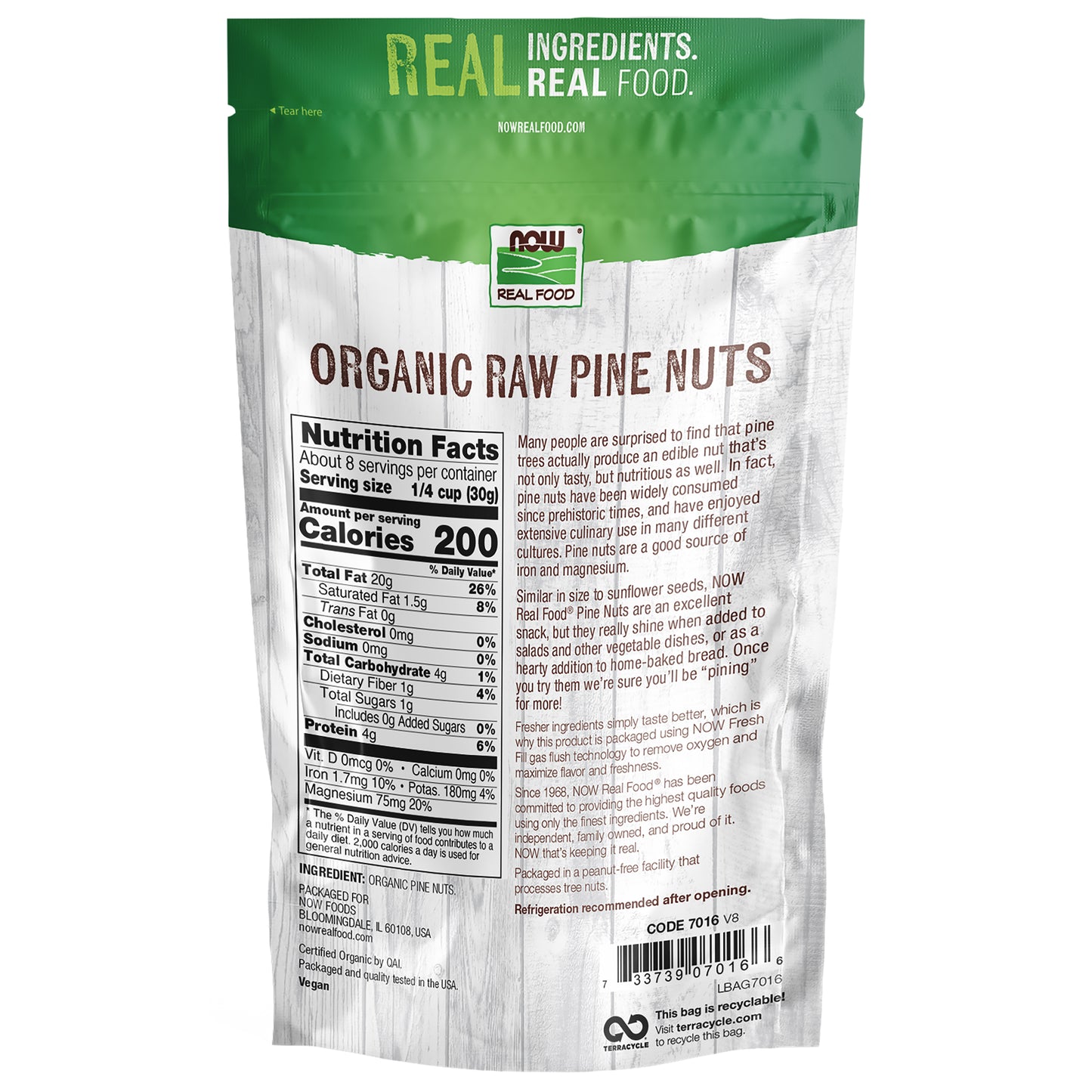 NOW Real Food Organic Raw Pine Nuts, Keto Nut Snack, Good Source of Iron & Magnesium, USDA Organic, 8 oz