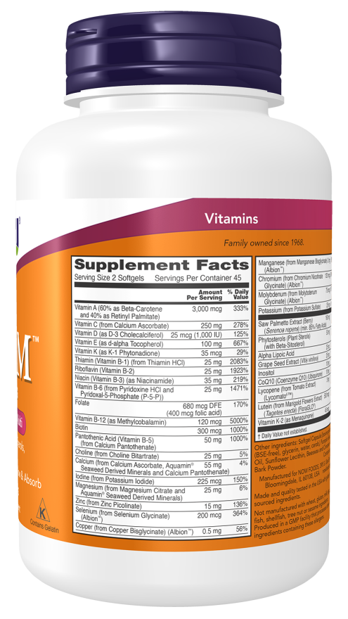 NOW ADAM men’s multivitamin softgels with saw palmetto and CoQ10