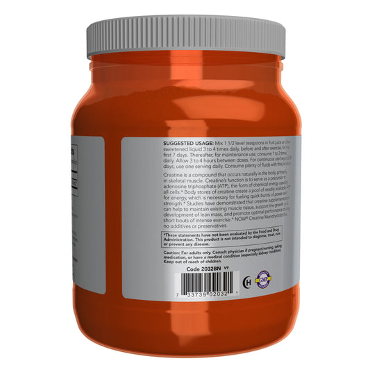 NOW Creatine Monohydrate powder with mass building and muscle fuel label