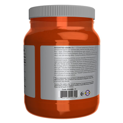 NOW Creatine Monohydrate powder with mass building and muscle fuel label