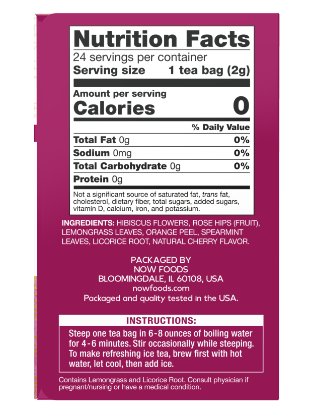 NOW Heavenly Hip Hibiscus caffeine-free herbal punch tea