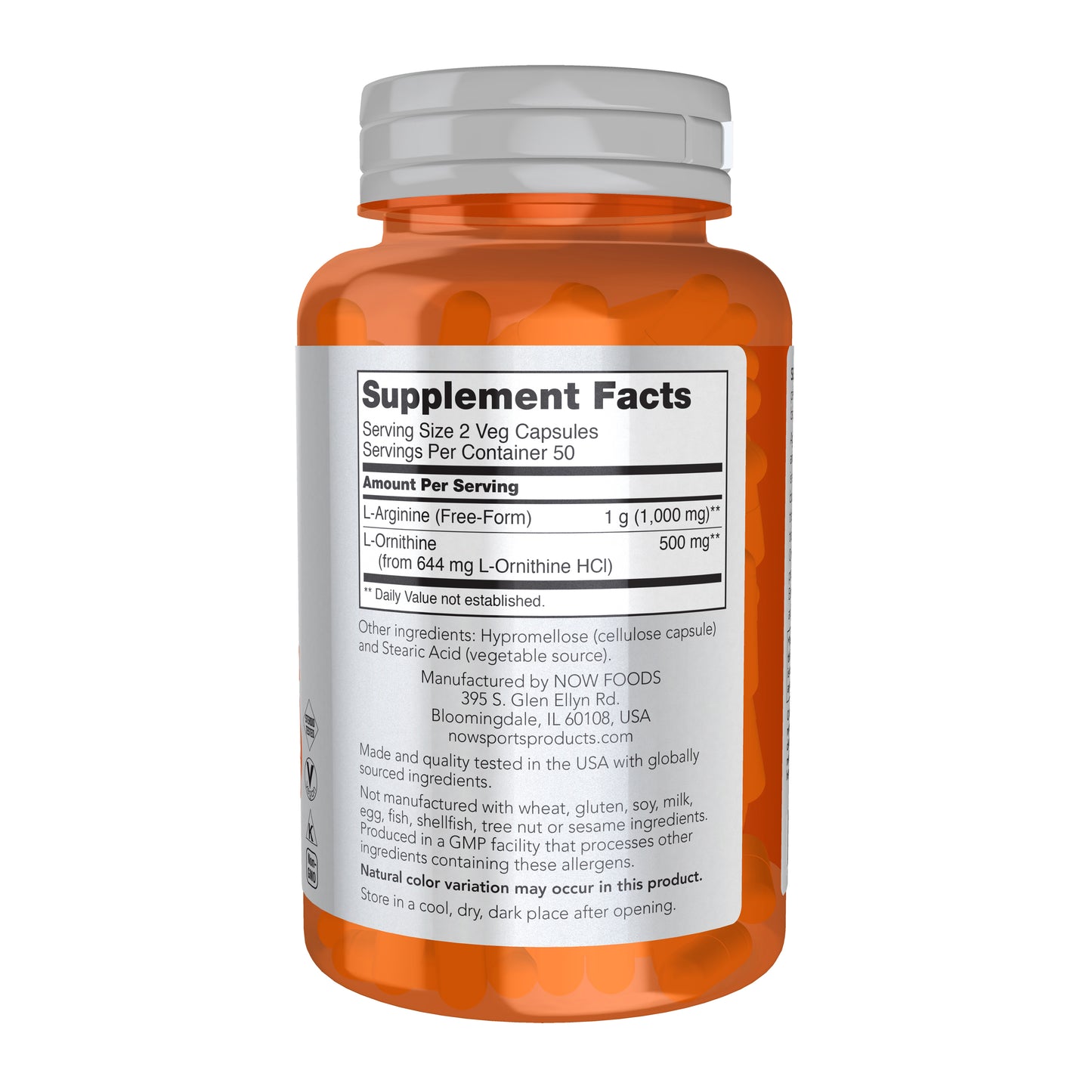 NOW Sports Arginine & Ornithine capsules for protein metabolism support