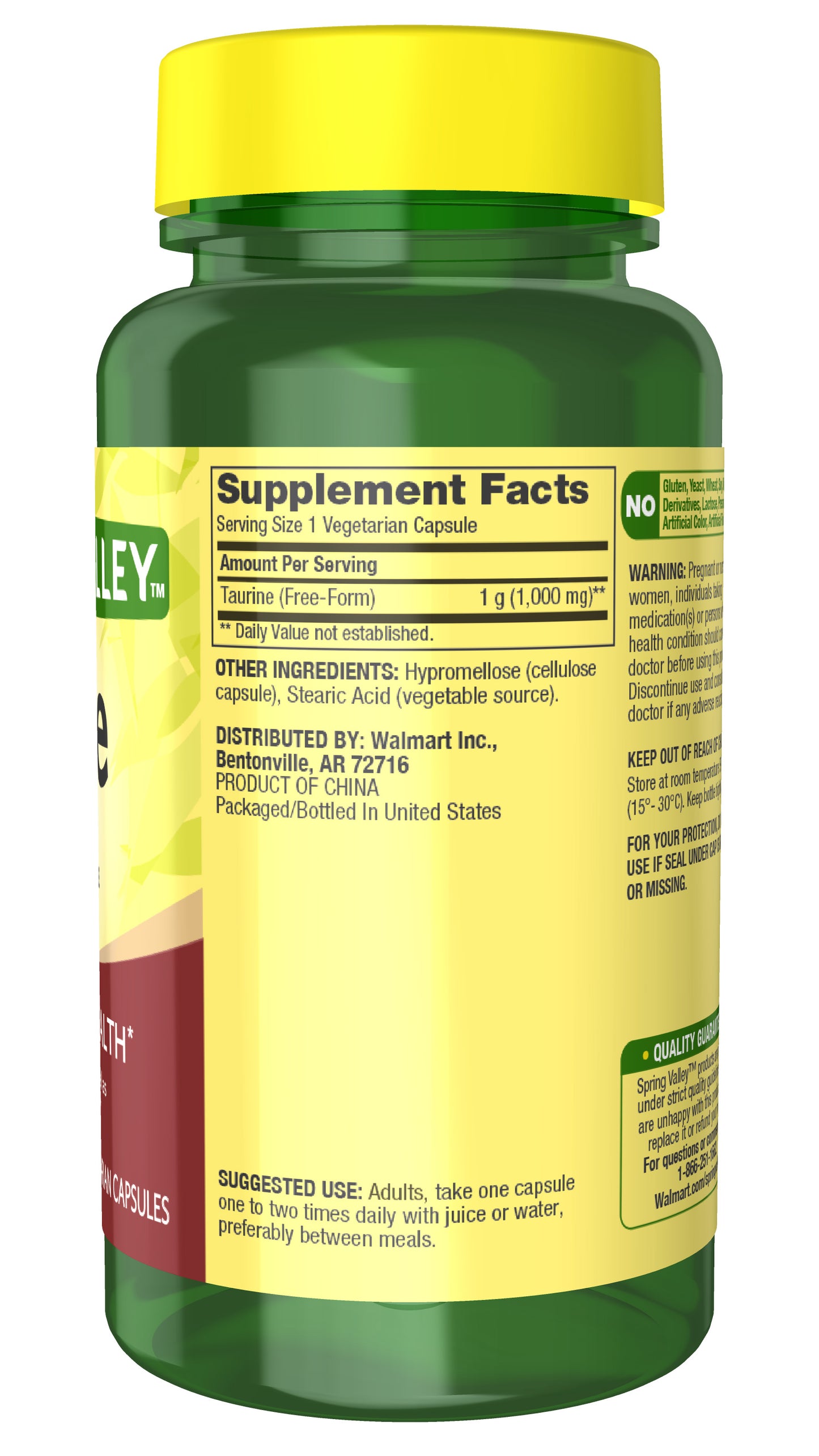 Spring Valley Taurine 1000 mg Vegetarian Capsules, Nervous System & Visual Function Support, 60 Count