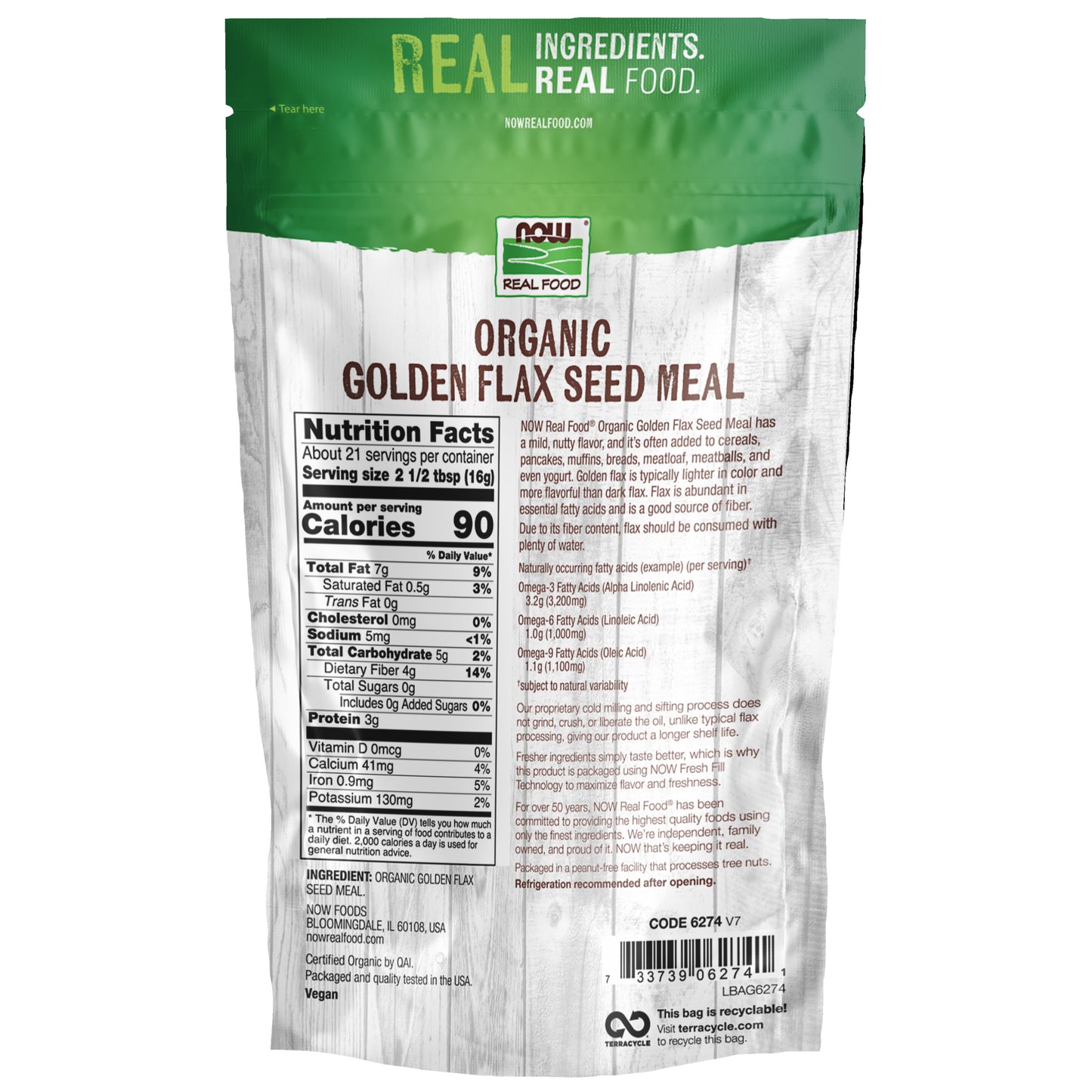 NOW Real Food Organic Golden Flax Seed Meal 12 oz bag