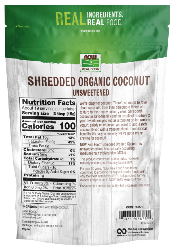NOW Real Food Unsweetened Shredded Organic Coconut 10 oz bag