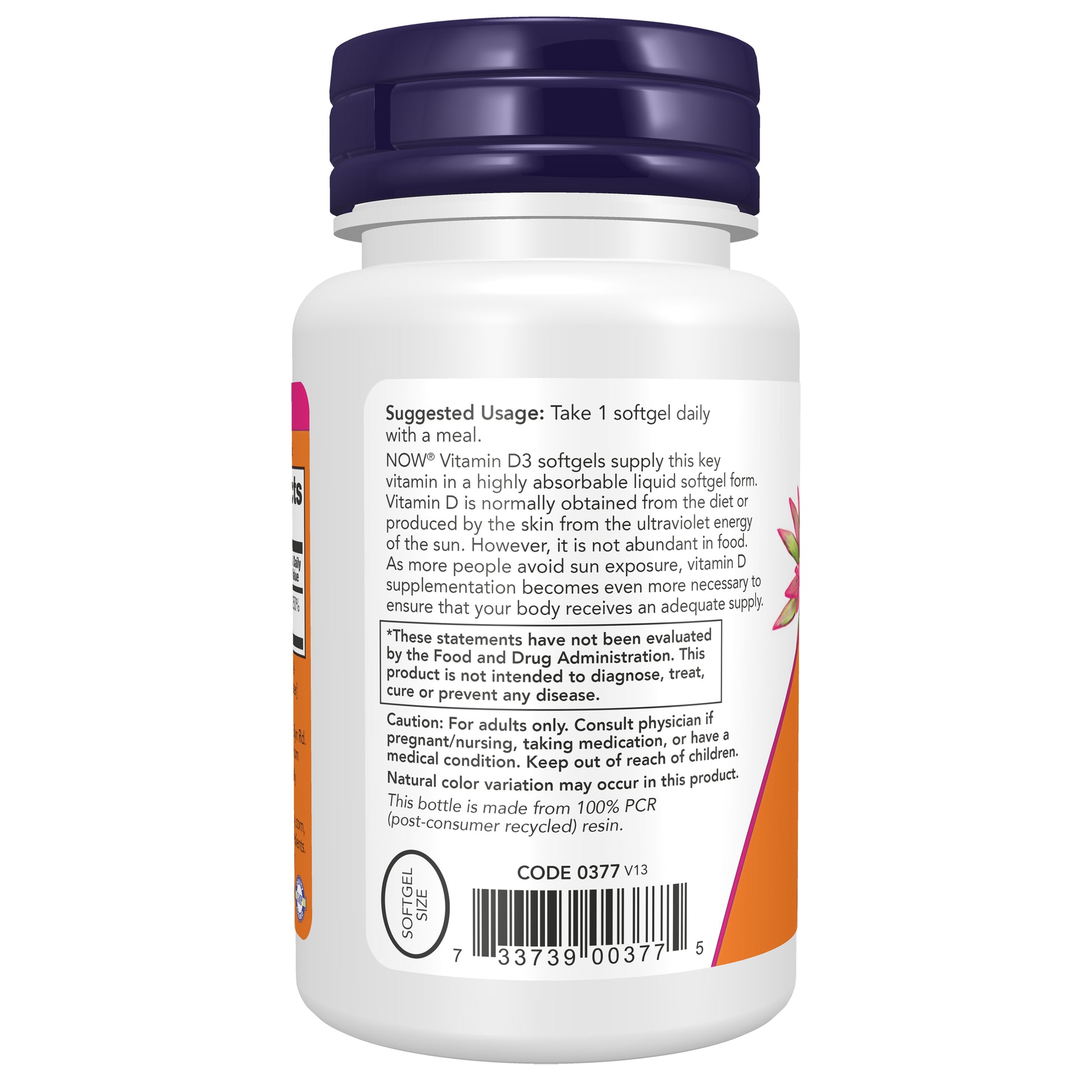 NOW Foods Vitamin D3 2,000 IU softgels for bone and immune health support