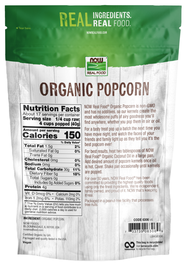 NOW Real Food Organic Popcorn Kernels, Non-GMO Vegan Whole Grain Snack, 24 oz