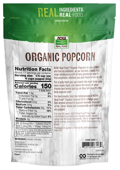 NOW Real Food Organic Popcorn Kernels, Non-GMO Vegan Whole Grain Snack, 24 oz