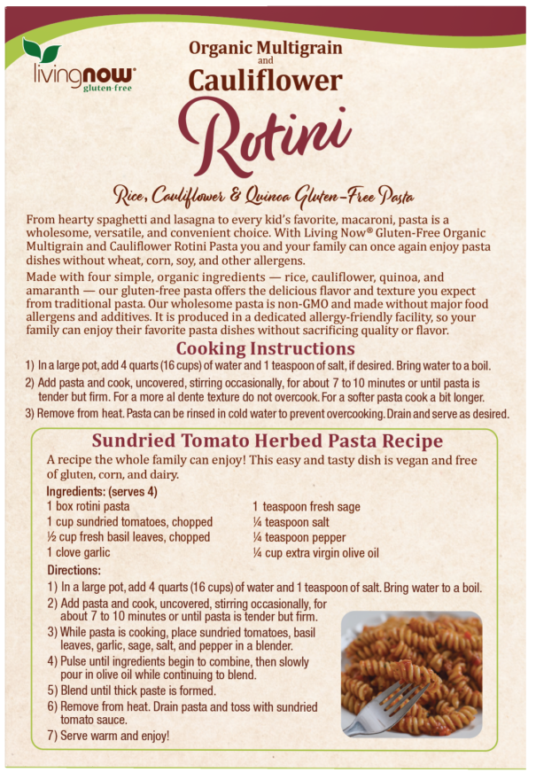 Gluten-free cauliflower rotini pasta by Living Now in 8 oz package
