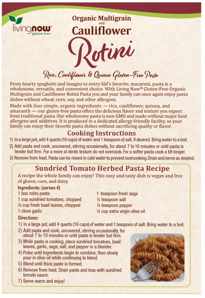 Gluten-free cauliflower rotini pasta by Living Now in 8 oz package