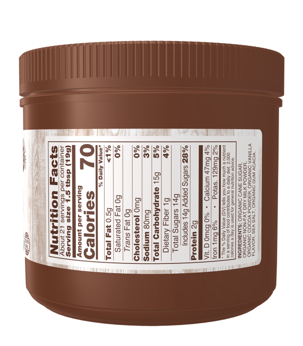 Organic hot cocoa by NOW Real Food in resealable brown container
