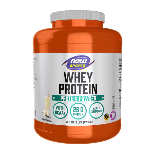 NOW Sports Whey Protein Creamy Vanilla powder tub, 6 lbs