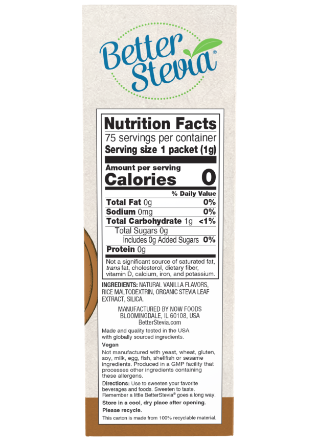 BetterStevia French Vanilla packets by NOW Foods, gluten free and keto friendly