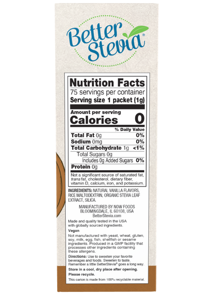 BetterStevia French Vanilla packets by NOW Foods, gluten free and keto friendly