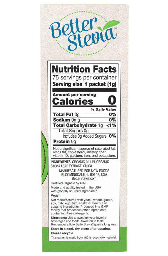BetterStevia Organic packets by NOW Foods with prebiotic inulin