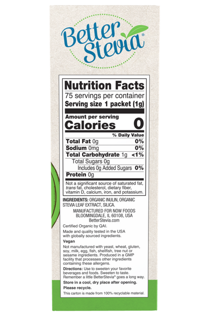 BetterStevia Organic packets by NOW Foods with prebiotic inulin