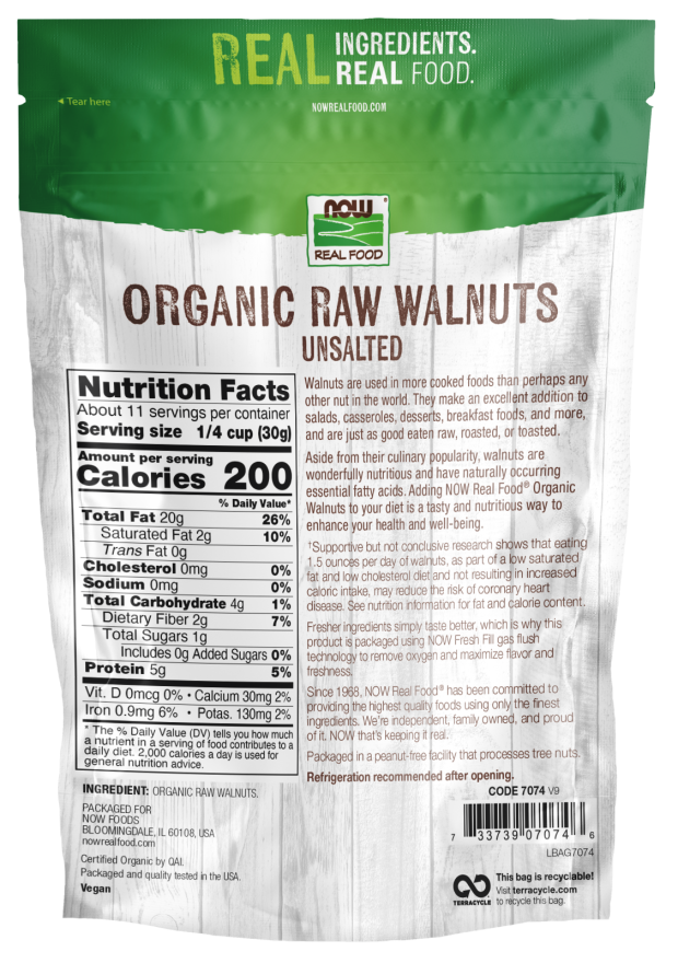NOW Organic Raw Walnuts – Unsalted Halves & Pieces, 5g Protein, 12 oz.