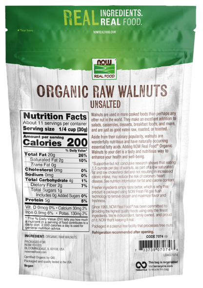 NOW Organic Raw Walnuts – Unsalted Halves & Pieces, 5g Protein, 12 oz.