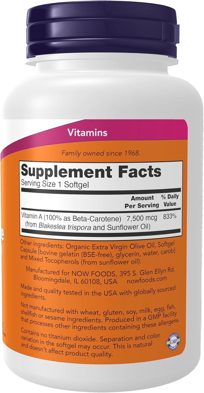 NOW Natural Beta Carotene 7,500 mcg (25,000 IU) Vitamin A Precursor – 180 Softgels for Antioxidant Support