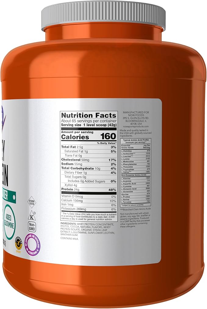 NOW Whey Protein powder with 24 g protein per serving