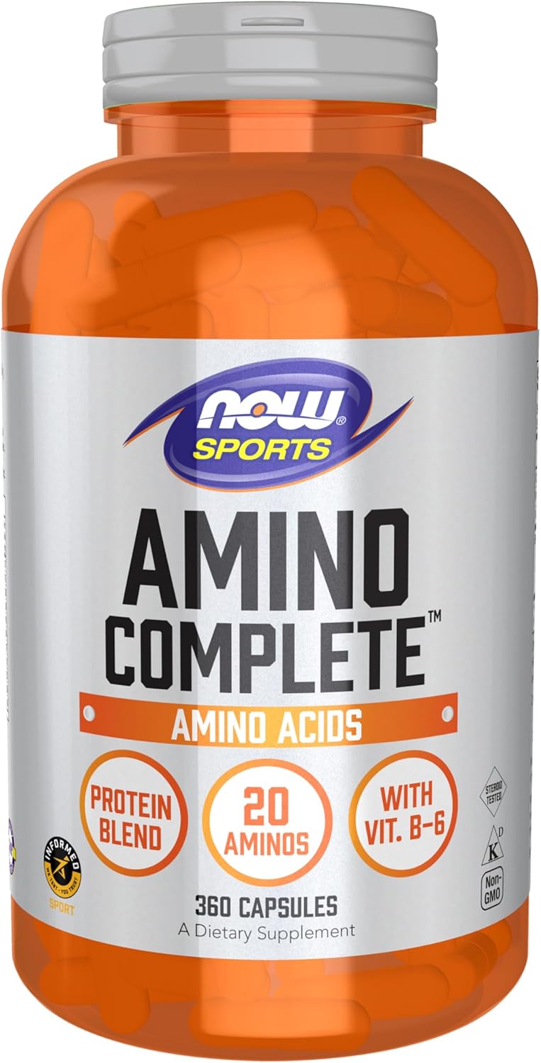 NOW Sports Amino Complete capsules featuring 20 amino acids and vitamin B6
