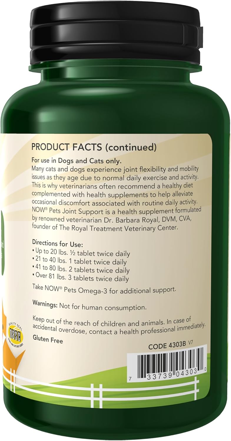 NOW Pets Joint Support for Dogs & Cats with Glucosamine & MSM – 90 Chewable Tablets