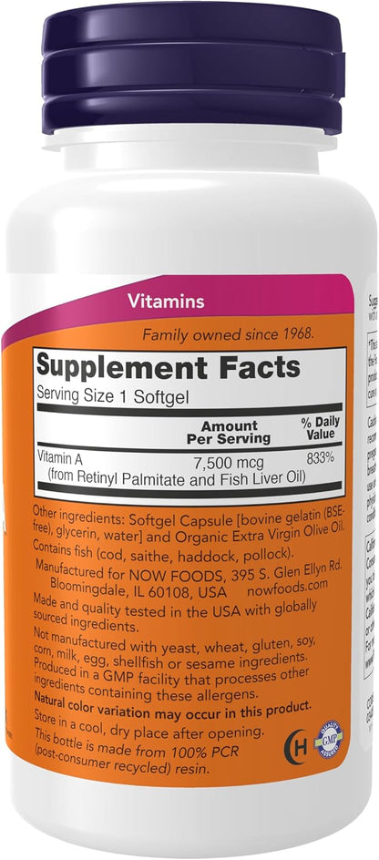 NOW Vitamin A 25,000 IU High-Potency Softgels for Eye, Skin & Immune Support – 250 Count