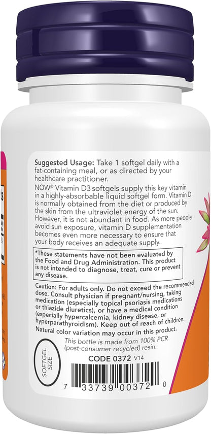 NOW High Potency Vitamin D3 5,000 IU supplement bottle with 120 softgels