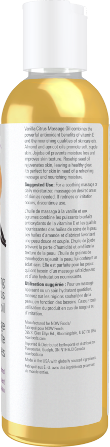 Shop NOW Refreshing Vanilla Citrus Massage Oil with almond, apricot, jojoba and rosehip oils for soft, glowing skin. Enjoy nourishing moisture—order now.