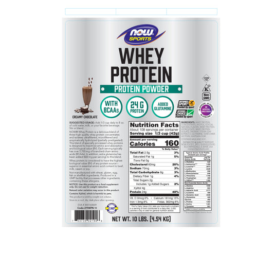 NOW Sports Whey Protein creamy chocolate protein powder, 10 lb bag