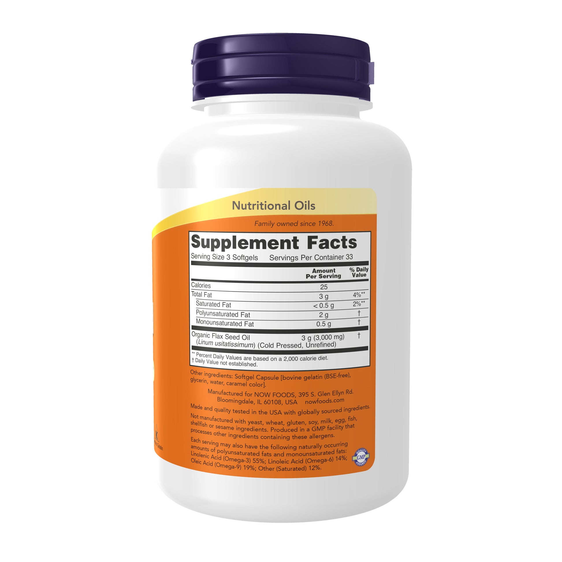 NOW Flax Oil 1000 mg dietary supplement bottle with 100 softgels