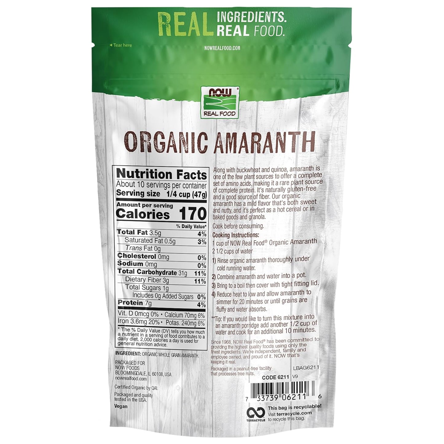 NOW Real Food Organic Amaranth Whole Grain – Gluten-Free, 16 oz
