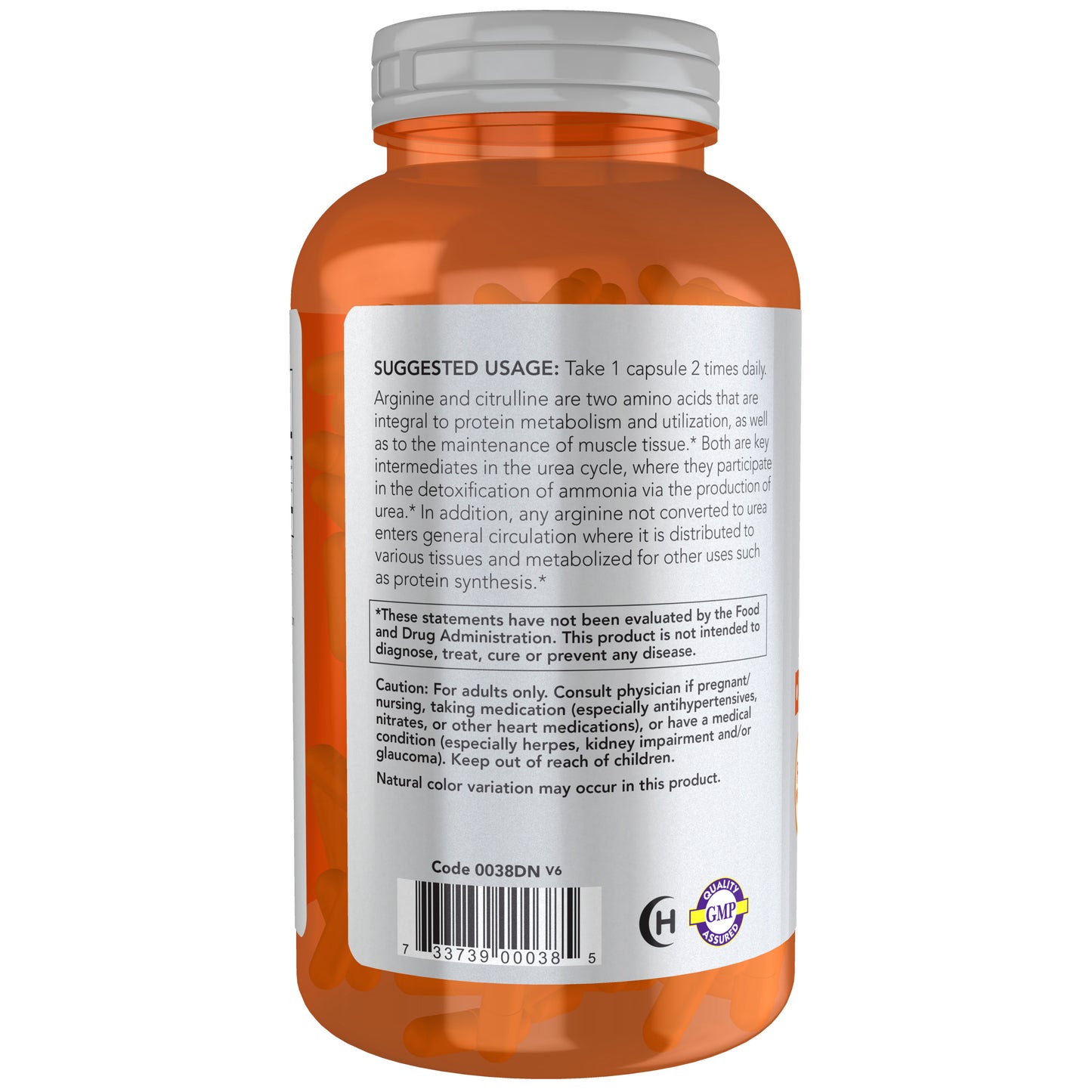 NOW Sports Arginine & Citrulline capsules with protein metabolism support label