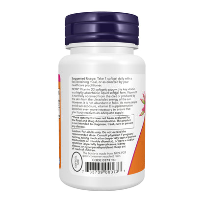 NOW High Potency Vitamin D3 5,000 IU supplement bottle with 240 softgels